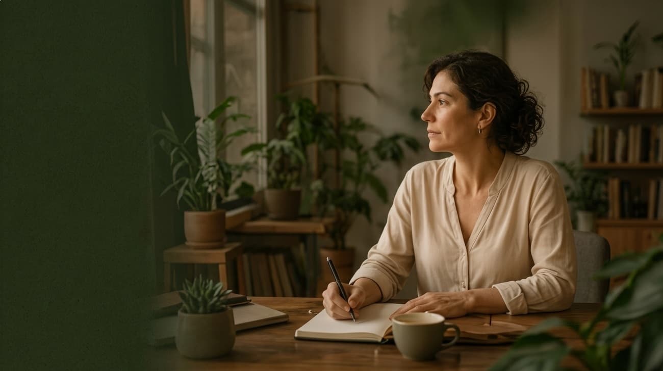 Mulher refletindo e escrevendo em um ambiente de leitura
